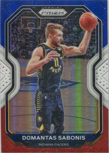 Basketball trading card of Domantas Sabonis, Indiana Pacers Red White Blue Parallel Card