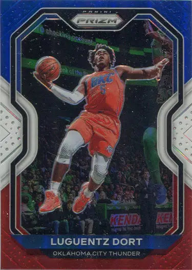 Basketball trading card of Luguentz Dort in mid-air, showcasing Red White Blue design
