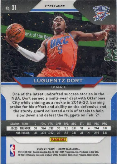 Basketball player in orange Oklahoma City Thunder jersey leaps with ball on blue parallel card