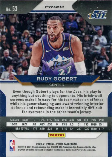 Basketball trading card of Rudy Gobert in blue jersey from Utah Jazz, red white blue parallel