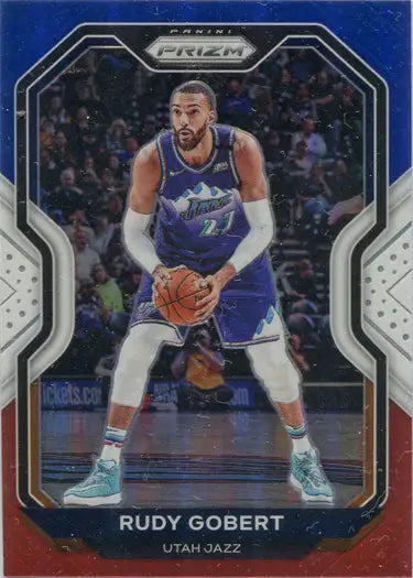 Basketball trading card of Rudy Gobert in Utah Jazz purple jersey, Red White Blue parallel