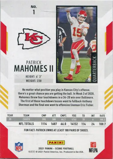 Football trading card of Patrick Mahomes II, Kansas City Chiefs quarterback base card