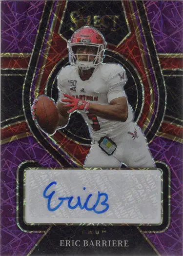 Football trading card featuring Eric Barriere in a white uniform with red helmet and purple laser prizm autograph