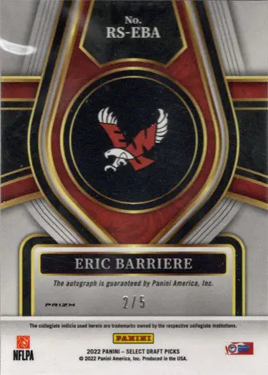 Sports trading card of Panini Select Draft Picks 2022 Purple Laser Prizm featuring red eagle logo