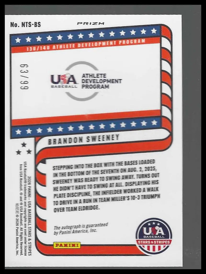 Panini Stars&StripesUSA #NTS-BS Brandon Sweeney 13U/14U Green Pulsar #/99 Auto - Baseball Card Single