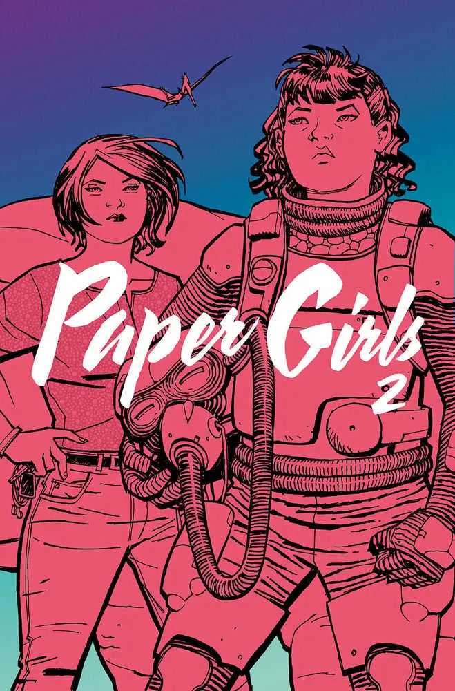 Comic book cover art for Paper Girls TP Vol 02 with vibrant pink and blue hues