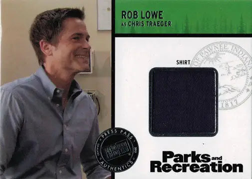 Costume card of Rob Lowe as Chris Traeger with fabric swatch from Parks and Recreation