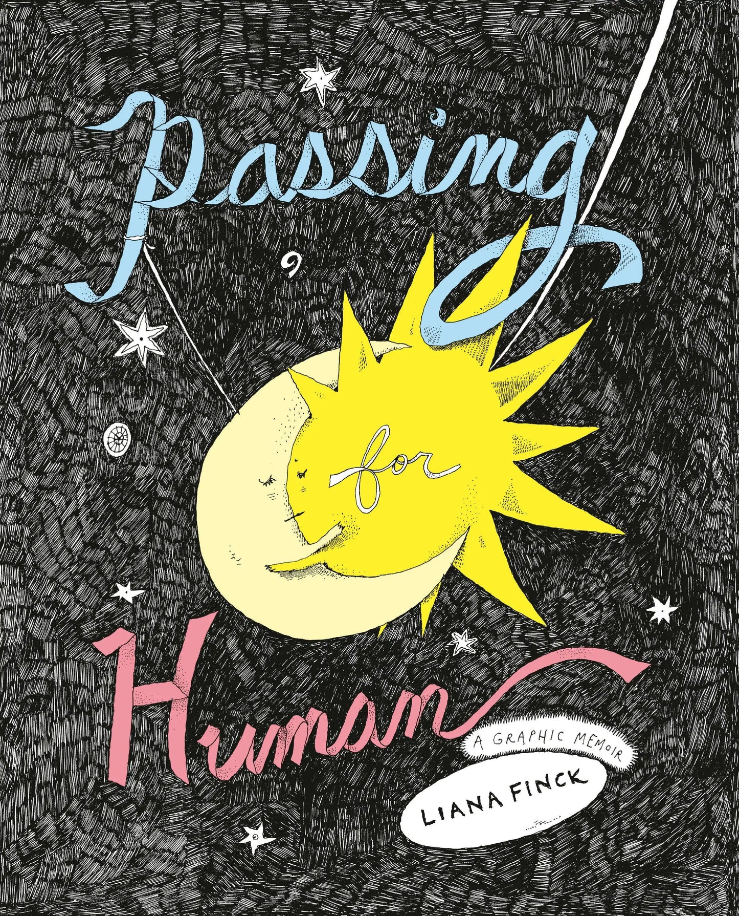 Book cover with sun and moon illustration for Passing For Human graphic memoir