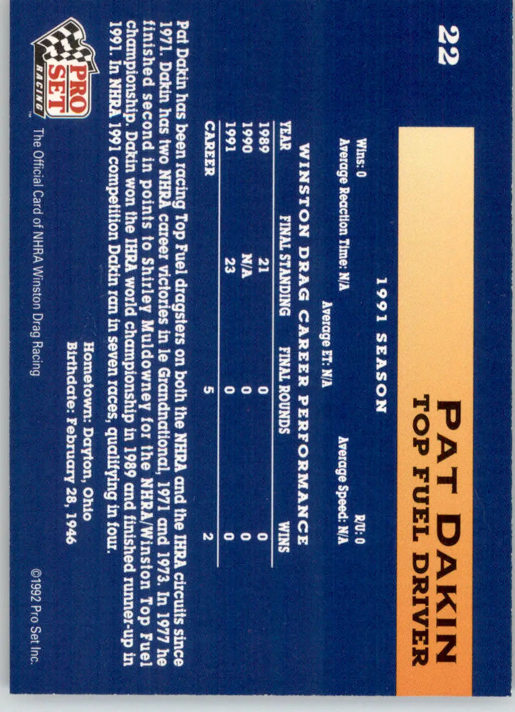Pat Dakin - 1992 Pro Set NHRA - #22 - Racing - Racing Card Single