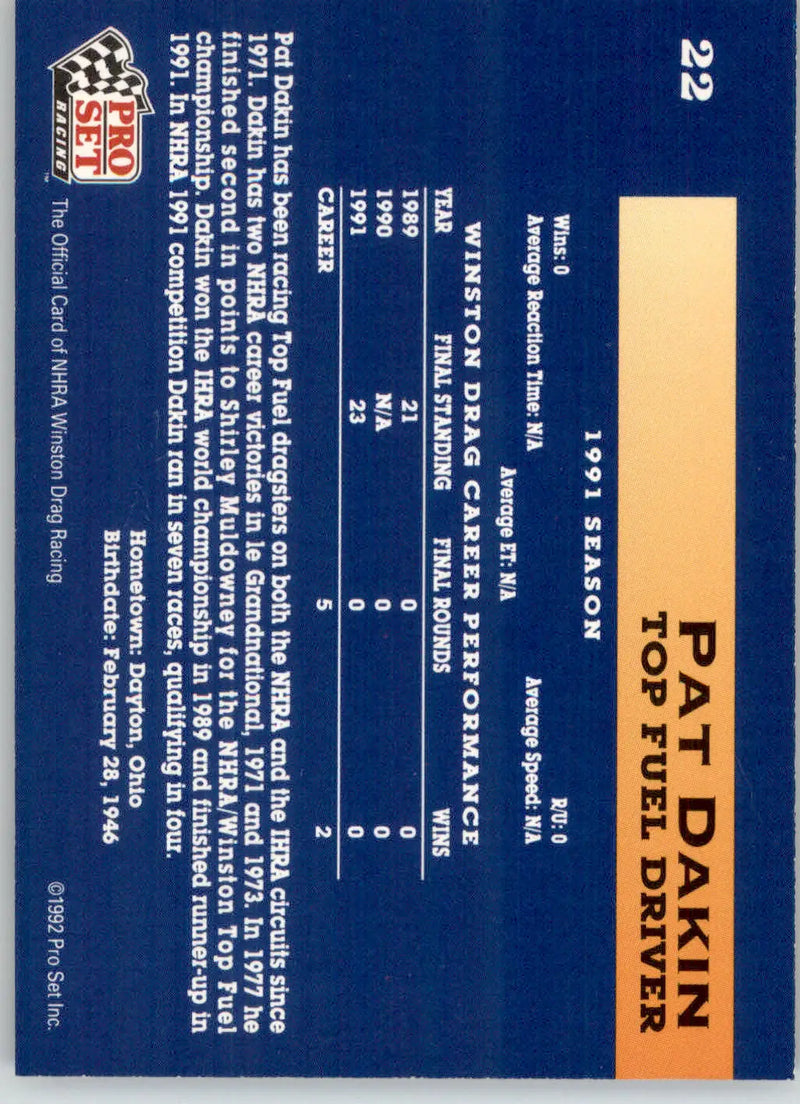 Pat Dakin - 1992 Pro Set NHRA - #22 - Racing - Racing Card Single