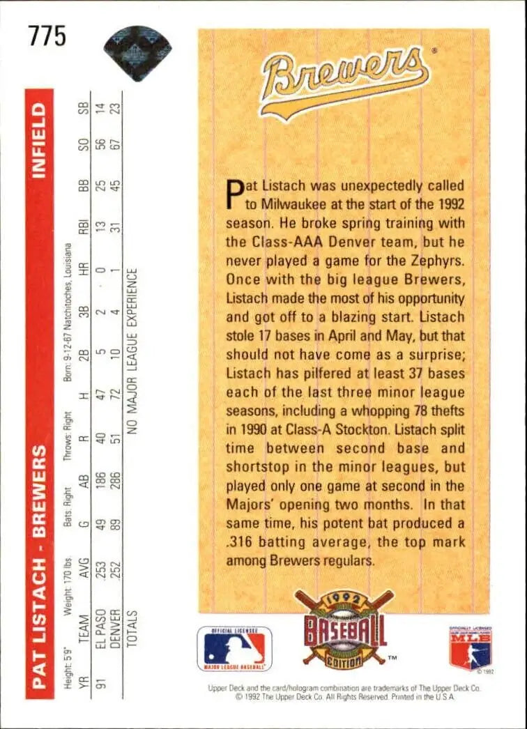 Pat Listach 1992 Upper Deck MLB #775 Rookie Baseball Card Milwaukee Brewers - Baseball Card Single