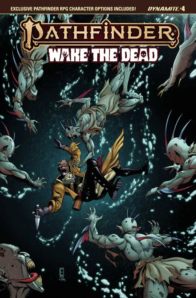 Comic book cover for Pathfinder Wake the Dead #4 by Eman Casallos with underwater battle
