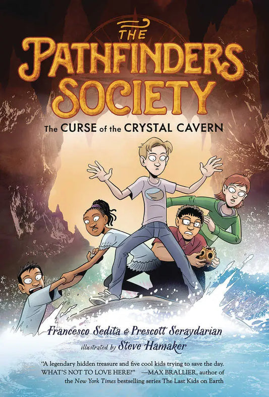 Children’s adventure book cover featuring five young characters in a cave for Pathfinders Society Graphic Novel Volume 02 Crystal Cavern
