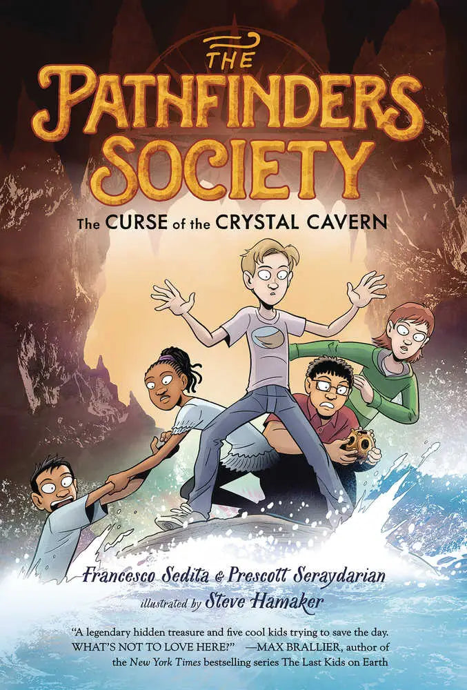 Children’s adventure book cover featuring five young characters in a cave for Pathfinders Society Graphic Novel Volume 02 Crystal Cavern