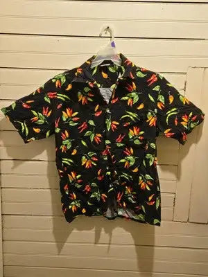 PATIOWEAR Shirt Mens M Black Chili Pepper Hawaiian Cotton Short Sleeve Button Up - Apparel