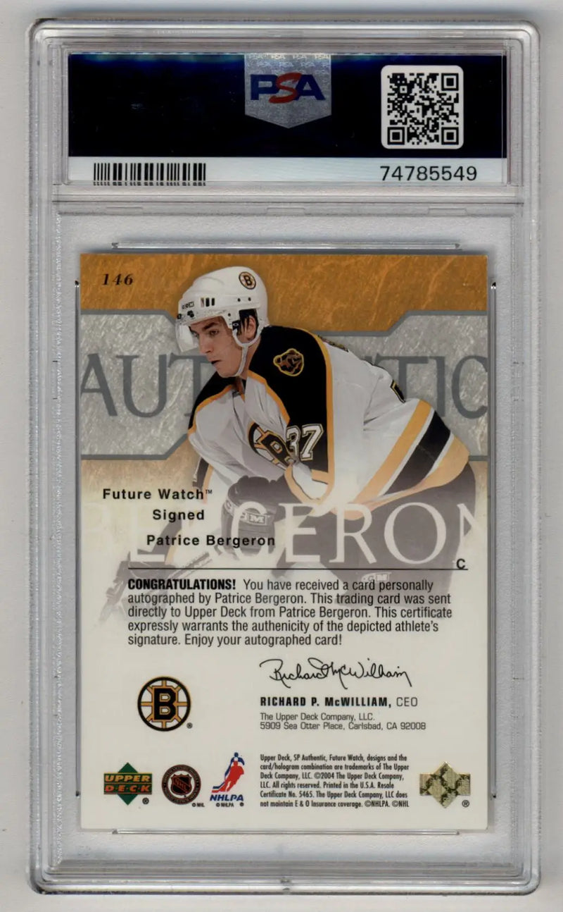 Patrice Bergeron 2003-04 SP Authentic Auto 289/900 PSA 9 Mint Auto 10 - Hockey Card Single