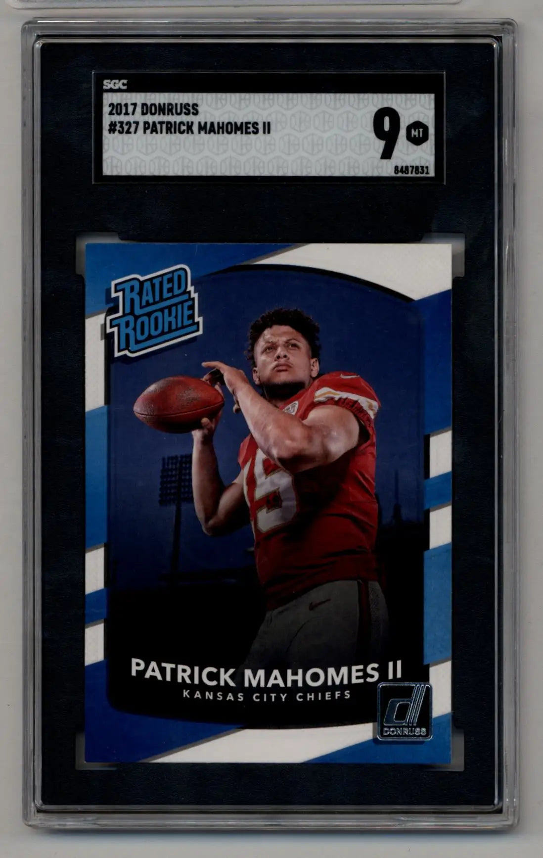 Graded Patrick Mahomes 2017 Donruss Rookie Card #327 in a protective case