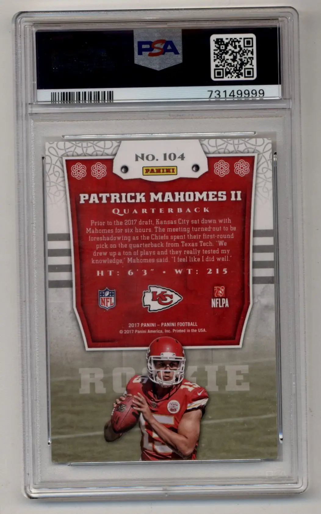 Patrick Mahomes 2017 Panini #104 PSA 9 Mint 9999 - Singles
