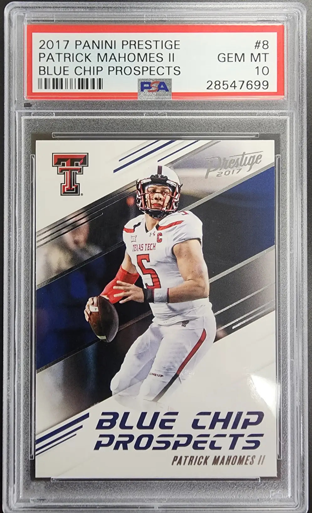PSA-graded 2017 Panini Prestige Blue Chip Prospects Patrick Mahomes rookie card in case