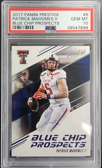 PSA-graded 2017 Panini Prestige Blue Chip Prospects Patrick Mahomes rookie card in case