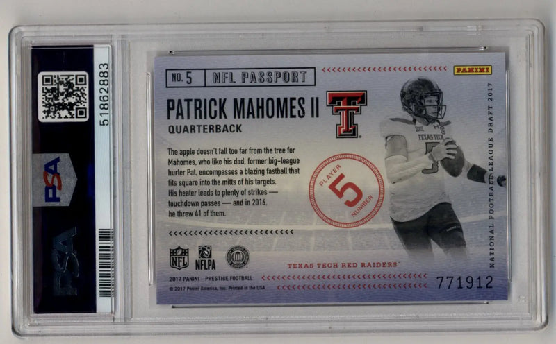 Patrick Mahomes 2017 Prestige NFL Passport #5 PSA 10 Gem Mint - Football Card Single