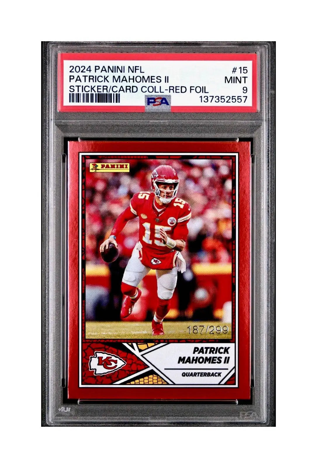 Patrick Mahomes 2024 Panini Sticker Collection 187/299 #15 Red Foil PSA 9 Mint