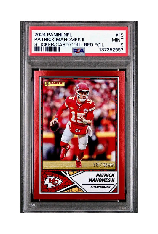 Patrick Mahomes 2024 Panini Sticker Collection 187/299 #15 Red Foil PSA 9 Mint