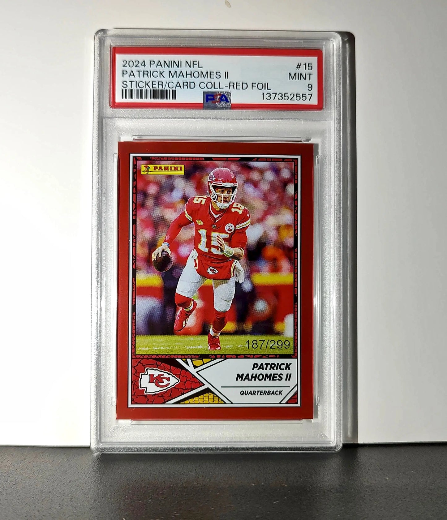 Patrick Mahomes 2024 Panini Sticker Collection 187/299 #15 Red Foil PSA 9 Mint