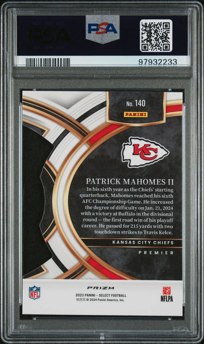 Graded Patrick Mahomes II football card featuring die cut red and yellow Panini Select Prizm