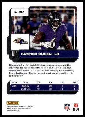 Patrick Queen 2022 Donruss #192 Baltimore Ravens