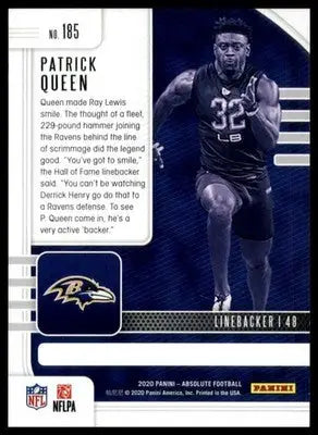 Patrick Queen Rookie 2020 Panini Absolute Retail #185 Baltimore Ravens