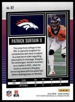 Patrick Surtain II 2022 Score #82 Denver Broncos - Football Card Single