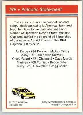 Patriotic Statement - 1991 Traks - #199 - Racing - Racing Card Single
