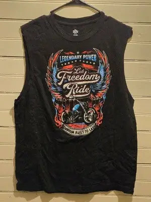 Patriotic Tank Top Mens M Let Freedom Ride Motorcycle Graphic Black Sleeveless - Apparel