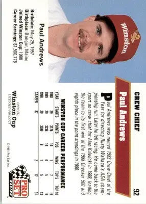 Paul Andrews - 1991 Pro Set - #92 - Racing - Racing Card Single