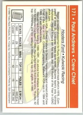 Paul Andrews - 1992 Traks - #171b - Racing - Racing Card Single