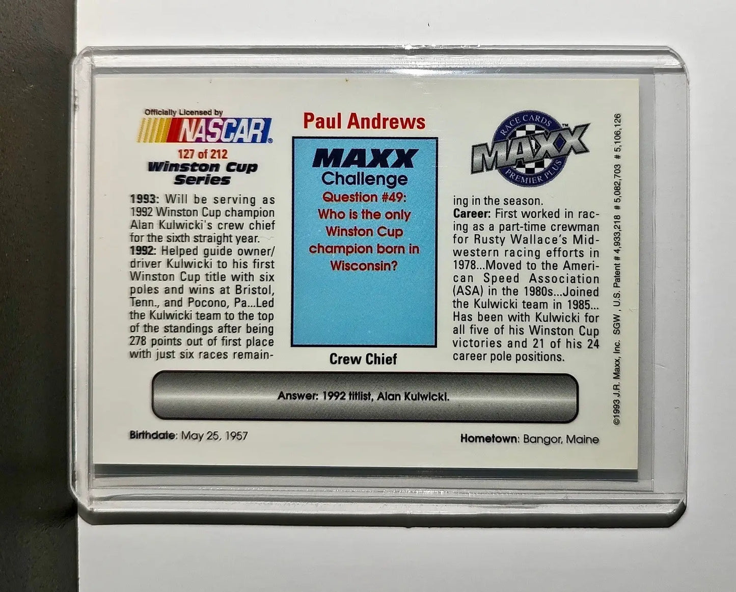 Paul Andrews 1993 Maxx Premier Plus Racing #127 NASCAR Card AK Racing - Racing Card Single