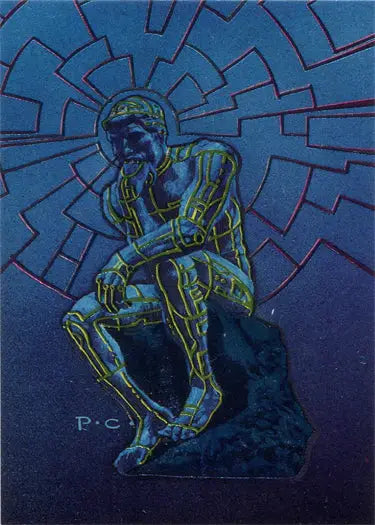 Stylized neon outline of a thinker on Paul Chadwick Metallic Storm Chase Card M1