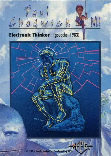 Neon robotic figure in thought against geometric backdrop for Metallic Storm Chase Card