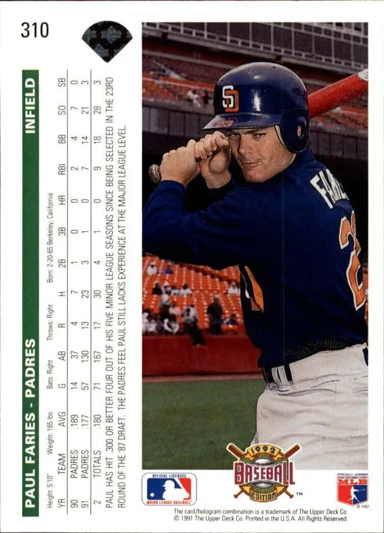 Paul Faries 1992 Upper Deck MLB #310 Baseball Card San Diego Padres