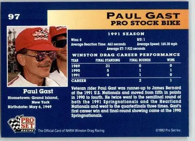 Paul Gast - 1992 Pro Set NHRA - #97 - Racing - Racing Card Single