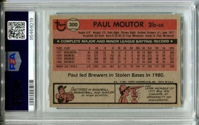 Paul Molitor 1981 Topps #300 PSA 4 DNA 7 AUTO Signed Trading Card BREWERS - Baseball Card Single