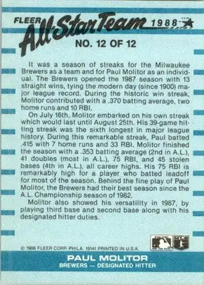 Paul Molitor - 1988 Fleer - #12 - All-Star Team Baseball - Baseball Card Single