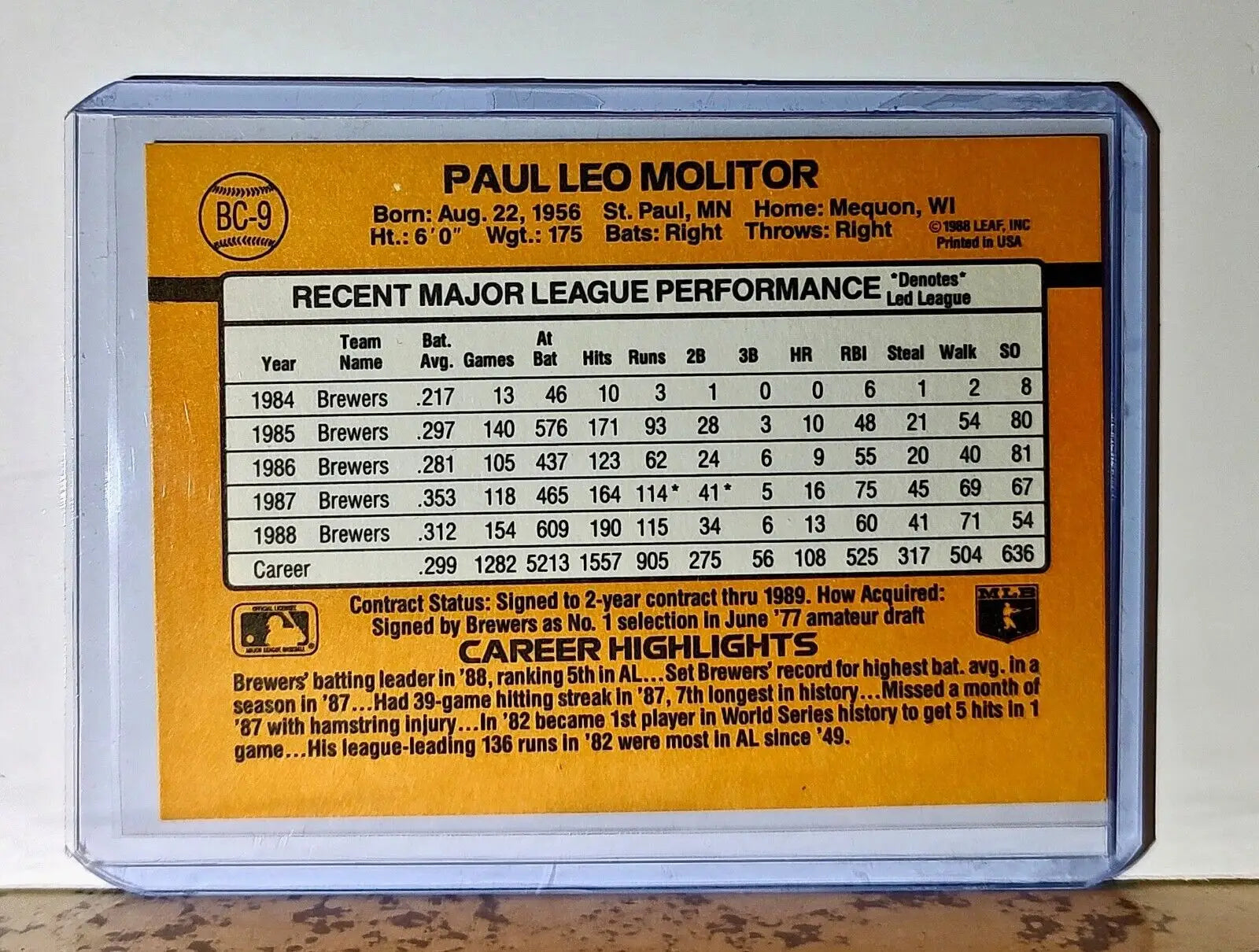Paul Molitor 1989 Donruss MVP MLB #BC-9 Baseball Card Milwaukee Brewers - Baseball Card Single