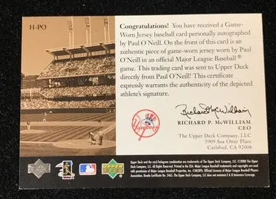 Paul O’Neill 2000 Upper Deck Game Used Jersey Autographs #H-PO New York Yankees - Baseball Card Single