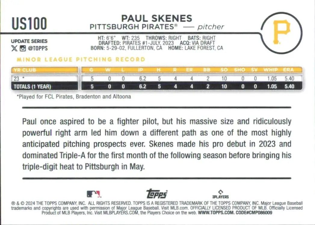 Paul Skenes Rookie 2024 Topps Update Royal Blue #US100 Pittsburgh Pirates Card