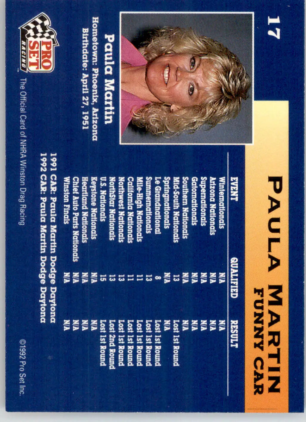 Paula Martin - 1992 Pro Set NHRA - #17 - Racing - Racing Card Single