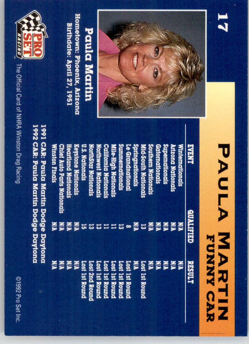 Paula Martin - 1992 Pro Set NHRA - #17 - Racing - Racing Card Single