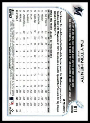Payton Henry Rookie 2022 Topps #611 Miami Marlins - Baseball Card Single