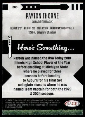 Payton Thorne 2025 SAGE HIT #190 Auburn Tigers - Football Card Single
